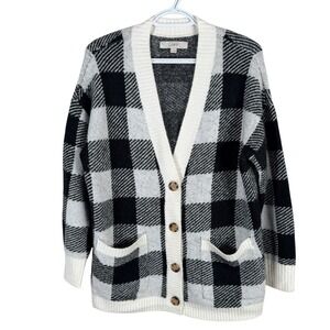 LOFT Cardigan Sweater Womens M Black White Buffalo Plaid Button Front Pocket